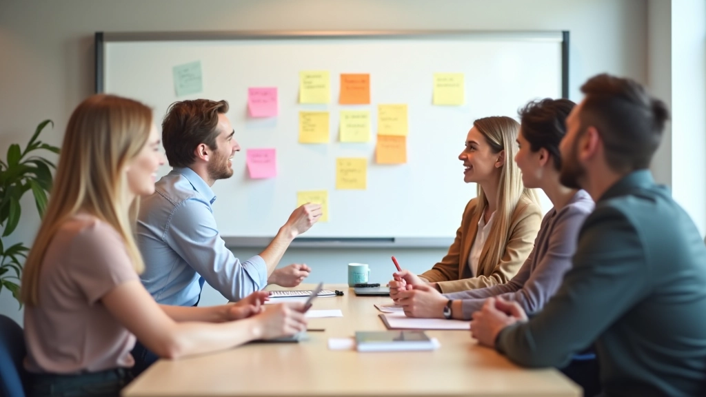 Diverse team aan het brainstormen met kleurige post-its op een whiteboard