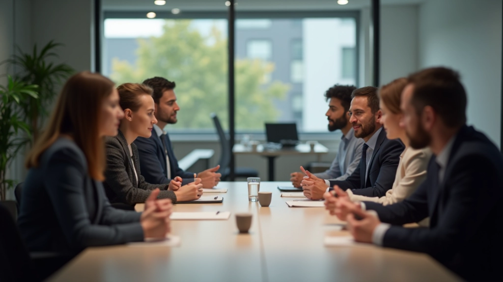Groep mensen zit rond tafel en luistert naar elkaar in een professionele setting