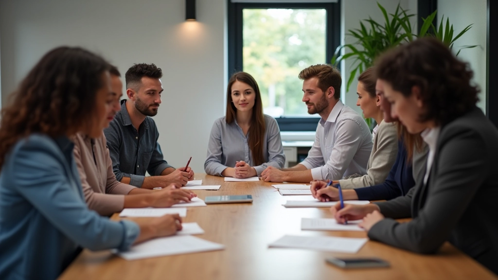 Vergadertafel waar mensen uit verschillende culturen gezamenlijk naar elkaar luisteren en notities maken