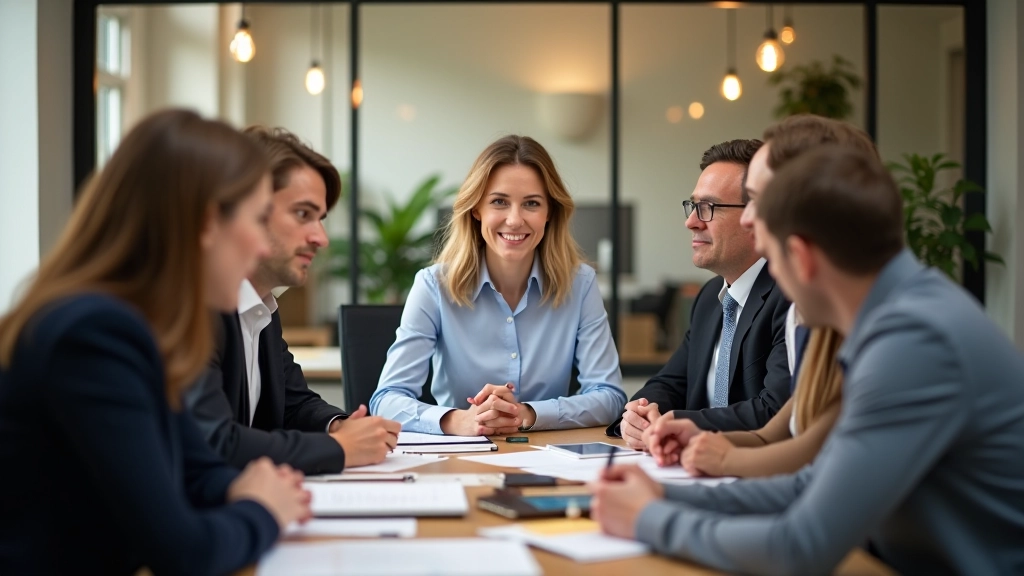 Kantoormedewerkers in gesprek, met aantekeningen en documenten op tafel