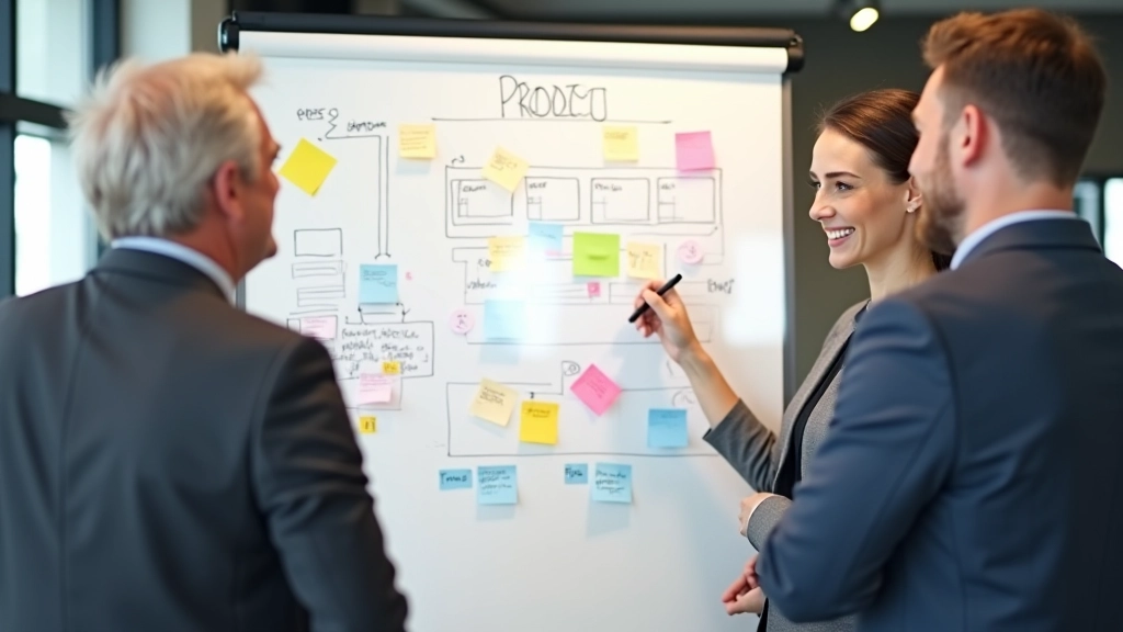 Team members collaborating on project planning board with sticky notes