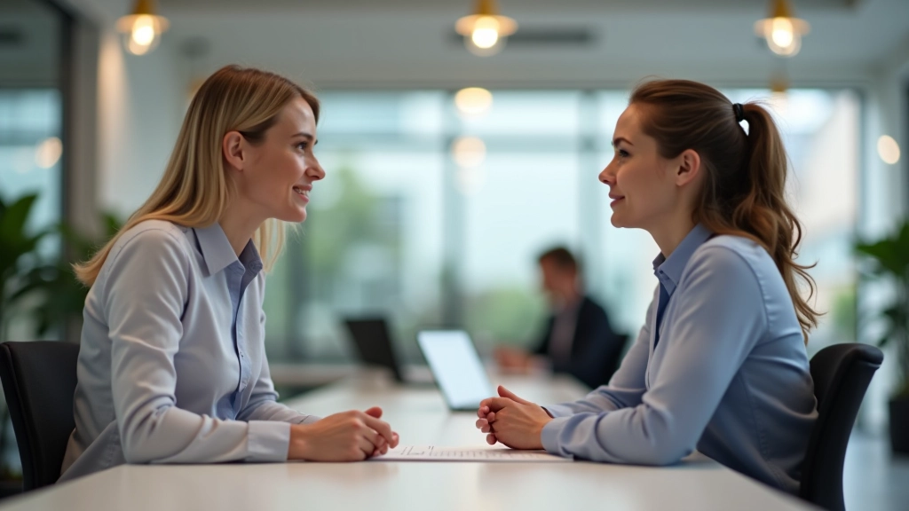 Twee collega's in gesprek op kantoor, beide met ontspannen lichaamshouding en duidelijke communicatie