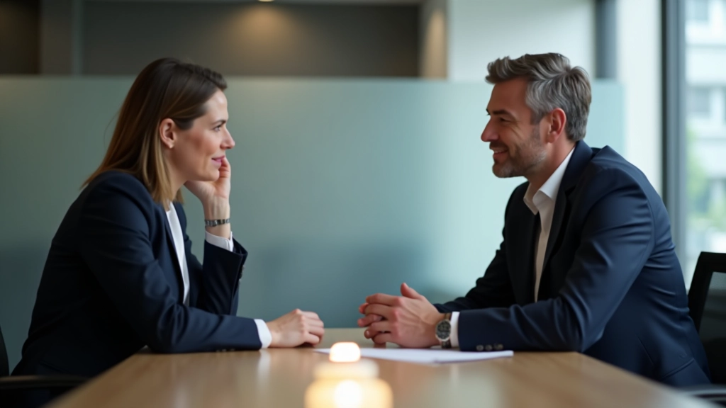Twee professionals aan een vergadertafel, elkaar aandachtig in de ogen kijkend